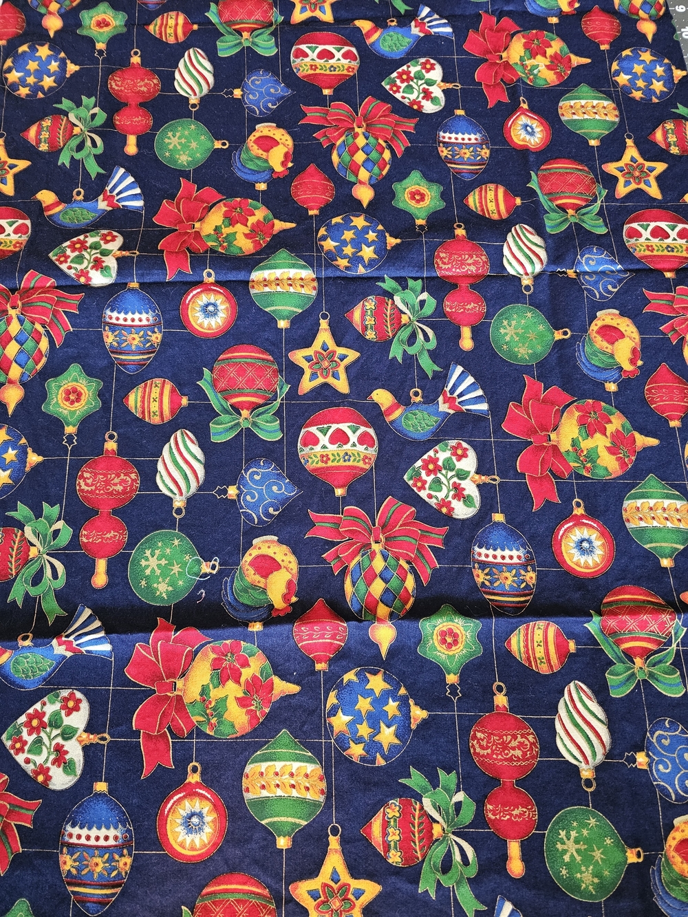 Holiday Ornament Print Fabric - Navy Blue with Red & Green Accents